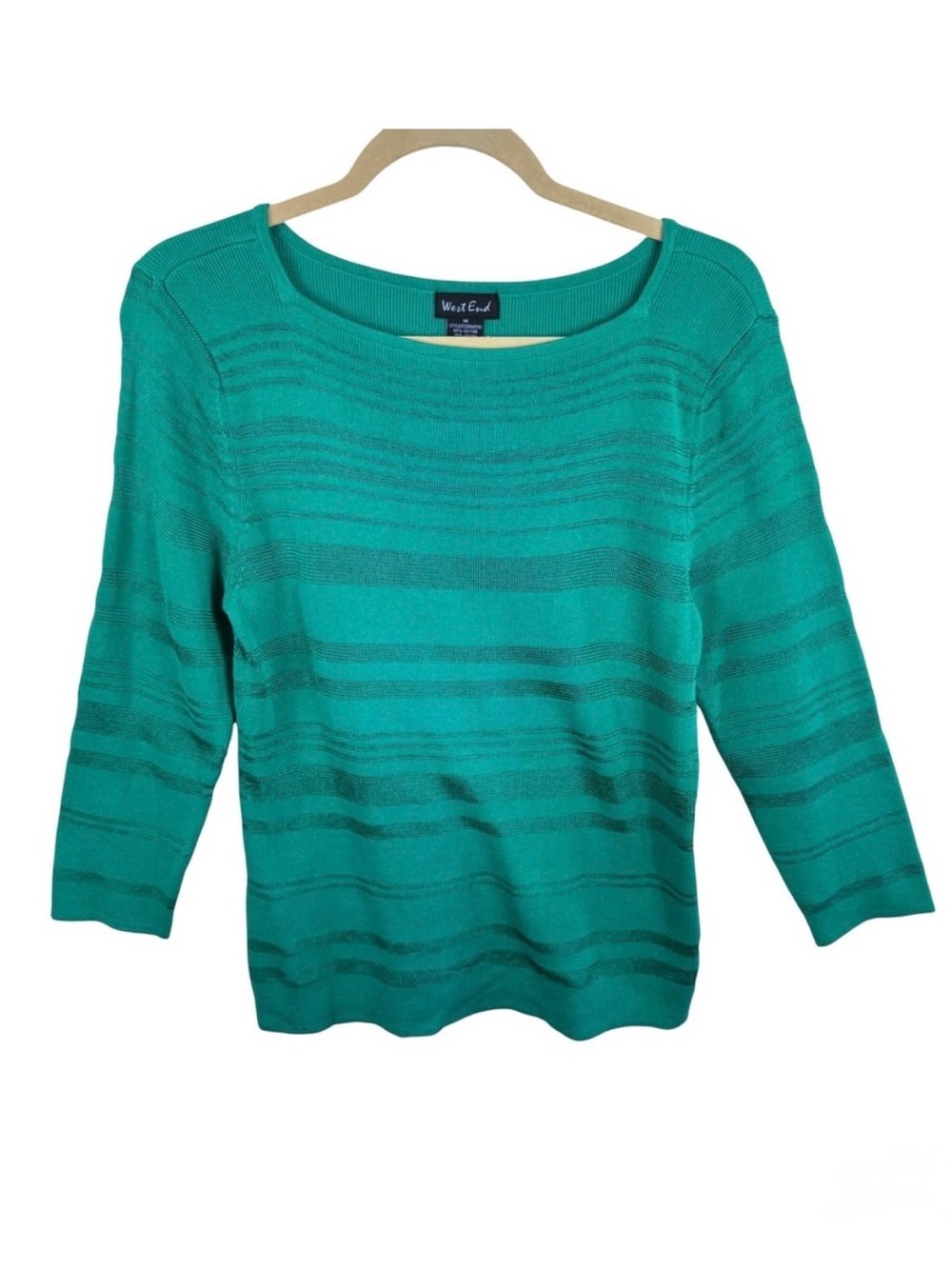 West End Womens Green Textured Stripe Boat‎ Neck 3/4 Sleeve Knit Top Size Medium